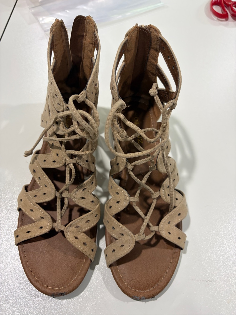Neutral Lace-Up Cutout Gladiator Sandals - Beige